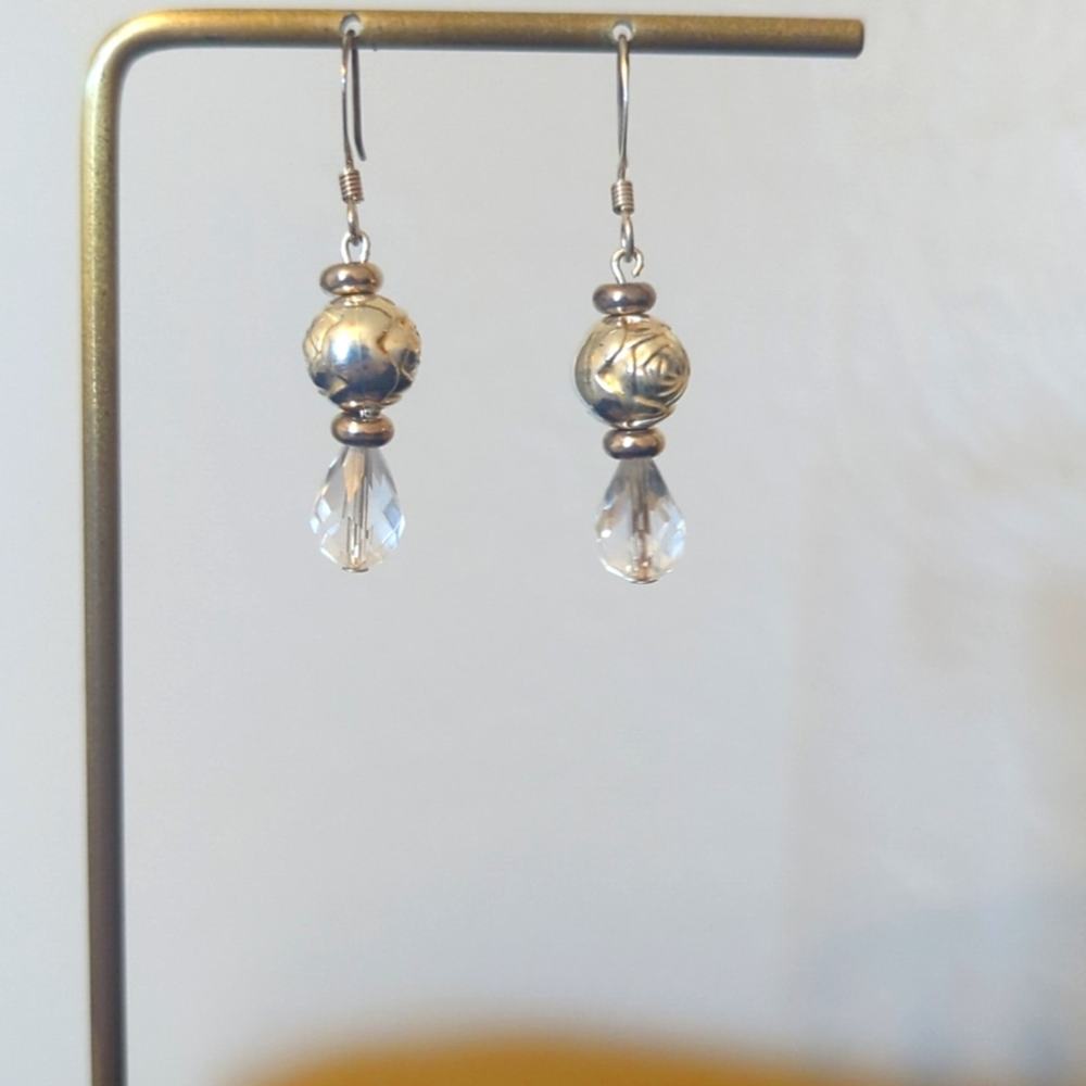 Handmade Crystal Briolette Silver Tone Rose Bead French Wire Dangle Earrings